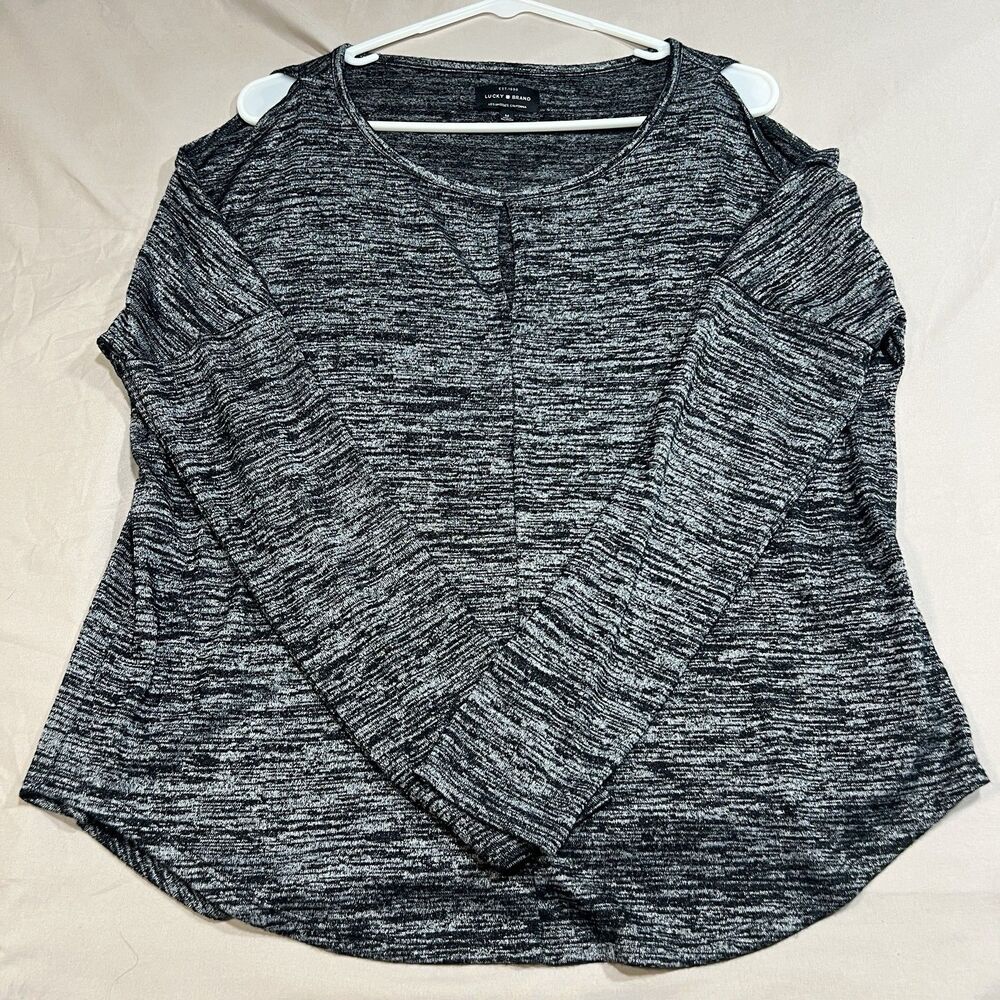 Lucky Brand Women’s Cold Shoulder Keyhole Top Black Grey Space-Dye Medium M